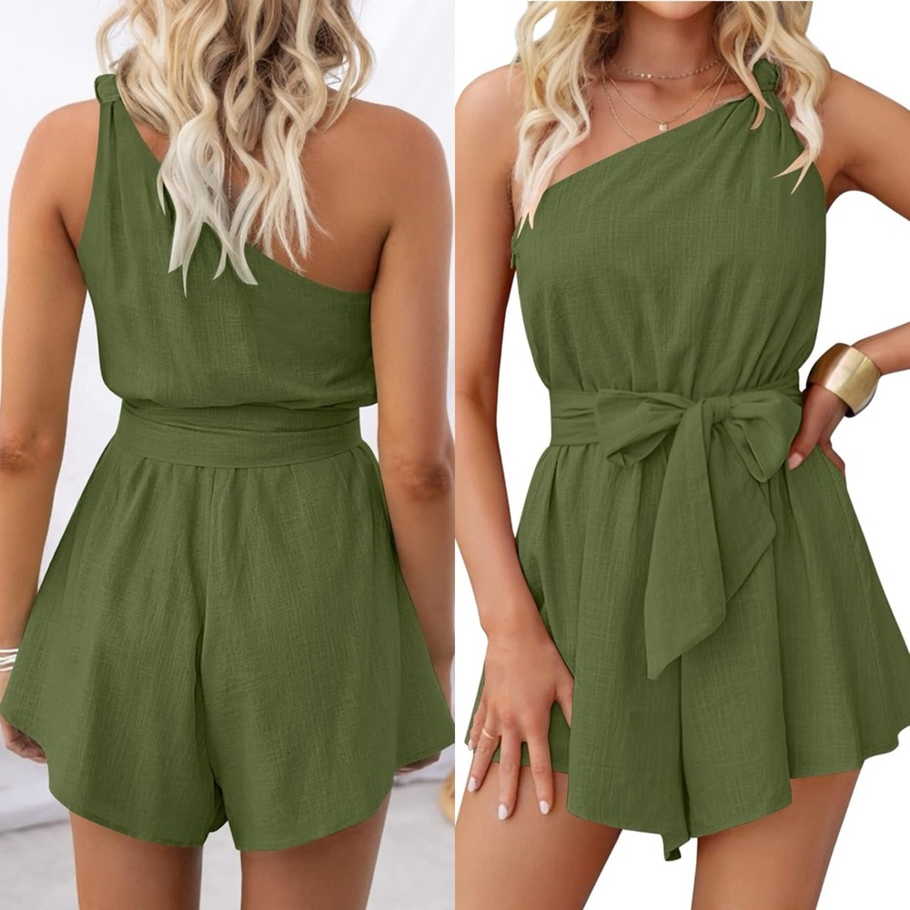 NWT  Boho Summer Romper One Shoulder Sleeveless Tie Waist Beach Short Jumpsuit S